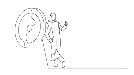 Poster - Animated self drawing of continuous one line drawing Arabian businessman or manager is standing or leaning the target with thumbs up gesture. Arrow hit the target exactly. Full length animation