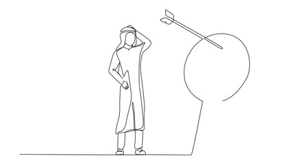Poster - Self drawing animation of continuous one line drawing ambition Arabian businessman arrow missed at the target. Failed hit archery target. Business challenge failure metaphor. Full length animated