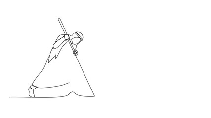 Poster - Animated self drawing of continuous one line drawing Arabian businessman mark goal with arrow. Man holding arrow, hits target on ground. Achieving goals. Marketing strategy. Full length animation