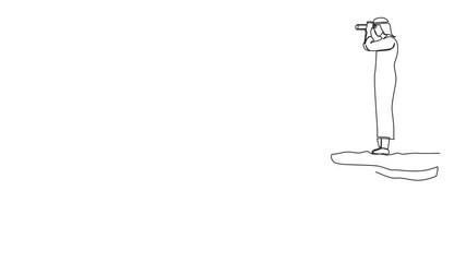 Poster - Self drawing animation of single one line drawing Arabian businessman looking in binoculars standing on cliff. Business vision concept, leadership, achievement, target. Full length animated