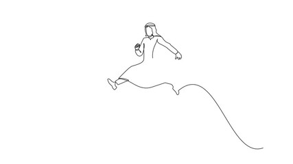 Poster - Animated self drawing of single continuous line drawing Arabic businessman running fast. Late business person rushing in hurry to get on time. Successful Arab man run for work. Full length animation
