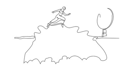 Poster - Self drawing animation of continuous one line drawing Arab businesswoman jumping over cliff to reach target. Success move while taking risk. Entrepreneur challenges, motivation. Full length animated