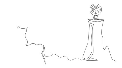 Poster - Animation of single continuous line drawing Arab businesswoman standing on peak of cliff targeting dartboard with big arrow. Woman aiming target on cliff. Success business metaphor. Full length motion