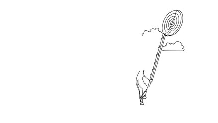 Poster - Animation of single continuous line drawing stairs to goal. Arabian businesswoman in hijab rises up stairs to top of target. Achieving goal. Ladder sky. Strategy to aim. Full length motion