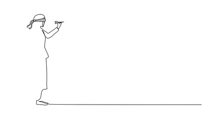 Poster - Animation of continuous one line drawing confused Arabic businesswoman blindfold throwing dart. Unclear target or blind business vision, leadership failure or mistake aiming goal. Full length motion