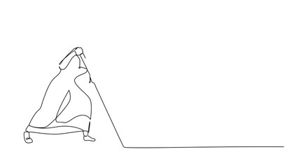 Poster - Self drawing animation of continuous one line drawing Arab businesswoman mark goal with arrow. Woman holding arrow, hits target on ground. Achieving goal. Marketing strategy. Full length animated