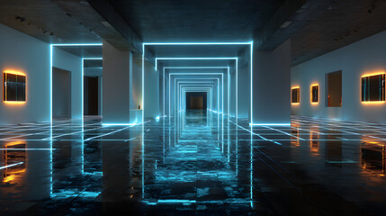 Poster - Neon blue grid extends into the darkness creating perspective