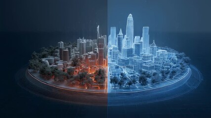 Poster - Half of a circular city model glowing orange with buildings and trees contrasts with a futuristic blueprint featuring glowing blue lines, illustrating urban transformation