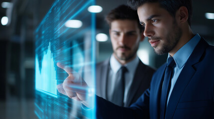 Poster - Business professionals reviewing transparent touchscreen financial data in a sleek corporate environment, emphasizing digital transformation, teamwork, analytics, and technology in modern environment