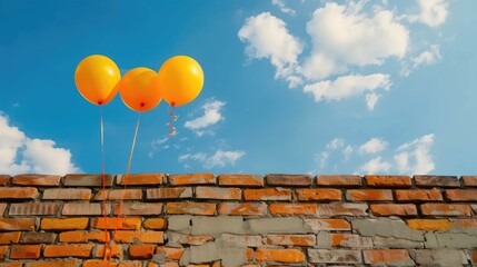 Leinwandbilder - Three bright orange balloons rise beside brick wall and clouds, symbolizing freedom and release