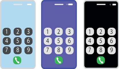 Three smartphones display numeric keypads in blue, purple, and black hues, conveying technology and mobile communication concepts, transparent background