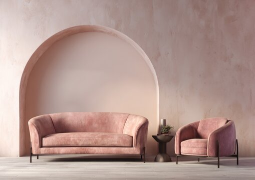 Pink velvet sofa and armchair in a blush-toned room