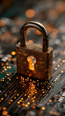 Poster - Glowing Padlock on Circuit Board Digital Security Data Privacy Internet Safety