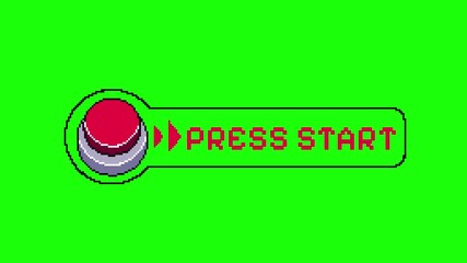 Pixel Art Retro Arcade Game 'Press Start' Red Button on Green Screen Background - 8-Bit Video Game Style