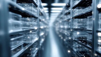 Poster - Rows of transparent containers stacked on shelves in a modern server room create a futuristic atmosphere, enhanced by glowing lights, suggesting advanced data storage and technological innovation