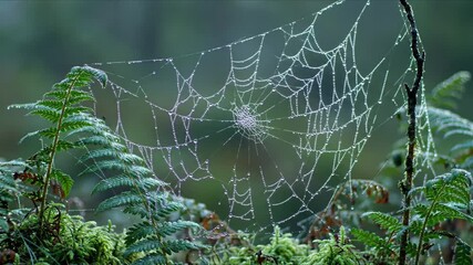 A spiderweb covered in dew drops hangs between ferns and a thin branch in nature