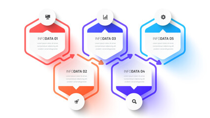 Fototapete - Business Infographic Presentation with Hexagon Line, 5 Options, Circle Label and Icon for Workflow, Presentation