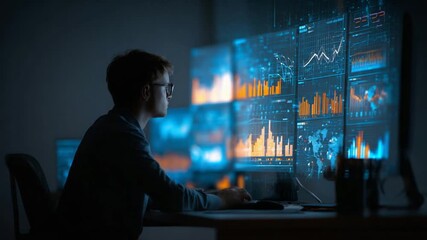 Poster - Analyst Working Late, Data Visualization on Monitors