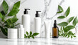 © ArtArftnnsa - White and brown cosmetic bottles and jars arranged on a marble surface with fresh green leaves.