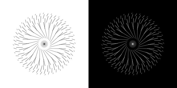 Abstract background with line pattern forming circle. Spiral art design as logo or icon. Black lines on white background and same white lines on black side. Mandala with line pattern.	
