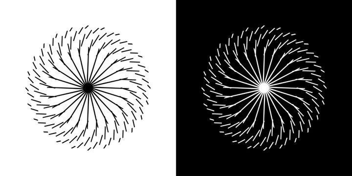 Abstract background with line pattern forming circle. Spiral art design as logo or icon. Black lines on white background and same white lines on black side. Mandala with line pattern.	

