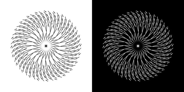 Abstract background with line pattern forming circle. Spiral art design as logo or icon. Black lines on white background and same white lines on black side. Mandala with line pattern.	
