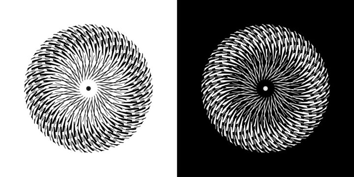 Abstract background with line pattern forming circle. Spiral art design as logo or icon. Black lines on white background and same white lines on black side. Mandala with line pattern.	
