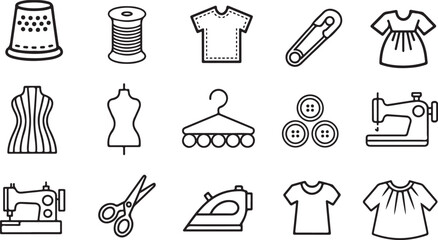 Poster - Sewing Supplies Thin Line Icon Set.Family Sewing Icons. Outline icon set of family sewing day: fabric, thread, sewing machine, needle, scissors, quilting,
