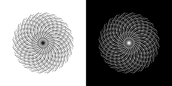 Abstract background with line pattern forming circle. Spiral art design as logo or icon. Black lines on white background and same white lines on black side. Mandala with line pattern.	
