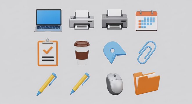 Collection of office icons including a laptop, printer, calendar, clipboard, coffee cup, location pin, paperclip, pens, mouse, and folder.