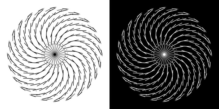 Abstract background with line pattern forming circle. Spiral art design as logo or icon. Black lines on white background and same white lines on black side. Mandala with line pattern.	
