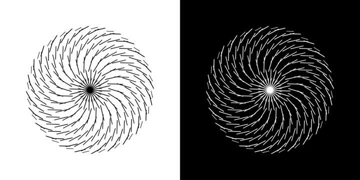 Abstract background with line pattern forming circle. Spiral art design as logo or icon. Black lines on white background and same white lines on black side. Mandala with line pattern.	
