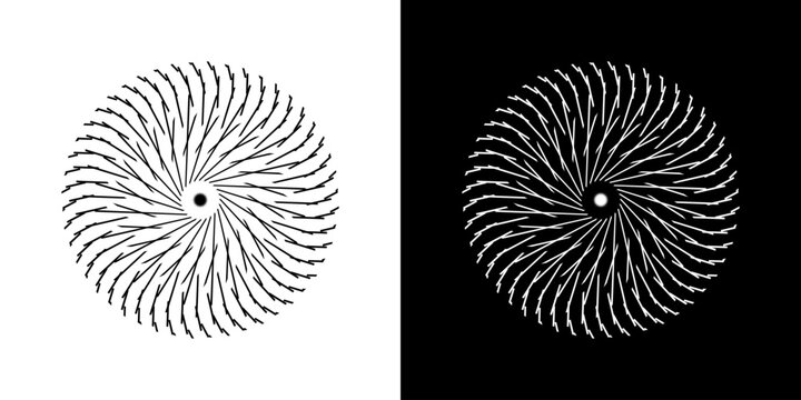 Abstract background with line pattern forming circle. Spiral art design as logo or icon. Black lines on white background and same white lines on black side. Mandala with line pattern.	
