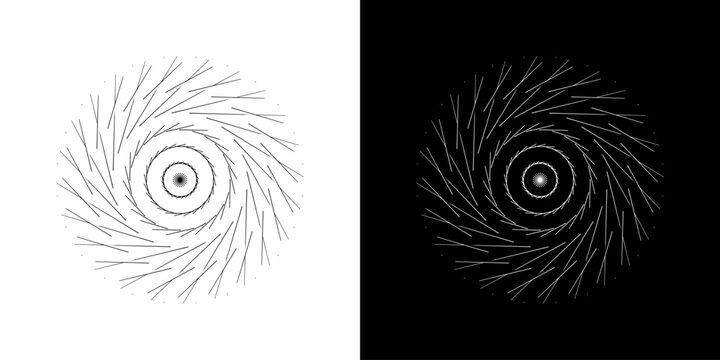 Abstract background with line pattern forming circle. Spiral art design as logo or icon. Black lines on white background and same white lines on black side. Mandala with line pattern.	
