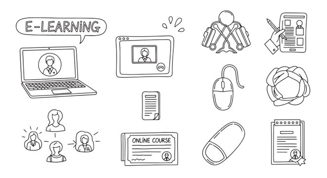 ELearning and Online Education Doodle Icons Laptop Tablet and Course Materials.