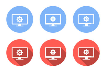Poster - Computer monitor with gear icon set. System configuration and settings concept with long shadow