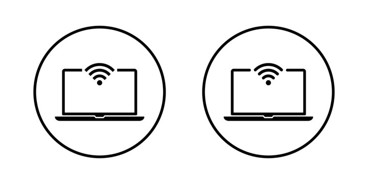 Laptop with WiFi signal icon. Wireless internet on notebook device symbol in circular outline
