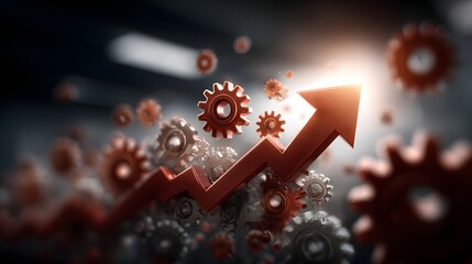 Poster - Gears and an upward pointing arrow against a dark background representing the concept of business growth progress and innovative strategies for success