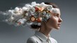 © Heng Heng - AI Stock - A dramatic monochrome portrait of a woman in profile her head filled with a swirling cloud of gears cogs and a mind full of creative imagination and technological possibilities