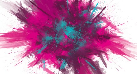 Poster - An abstract explosion of pink and teal paint splatters against a white background, creating a dynamic and vibrant burst of color.