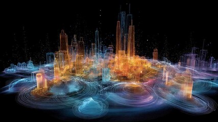 Aufkleber - Complex network of connections flowing around futuristic glowing metropolis at night, symbolizing data exchange and innovation in urban development