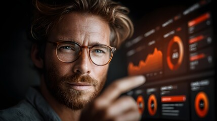 Poster - Closeup portrait of a focused thoughtful man with a beard and glasses intensely studying a digital control panel or technology interface