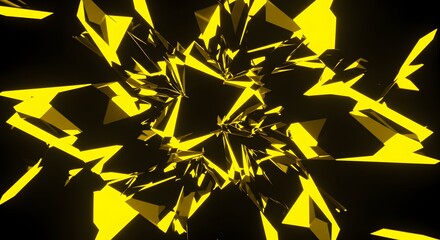 Fototapete - Abstract geometric pattern featuring sharp, angular, yellow shapes radiating from a central dark void against a black background.