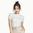 © 수동 김 - White t-shirt mockup, Korean woman with tied hair in the background