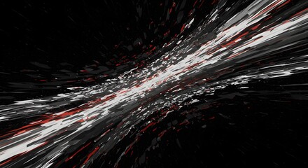 Fototapete - Abstract explosion of white, gray, and red lines radiating from a central point against a black background, creating a sense of speed and energy.