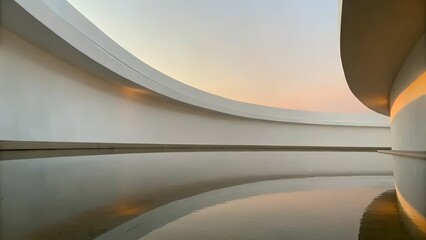 Poster - Curved Architecture with Water Reflection and Soft Sunset Sky

