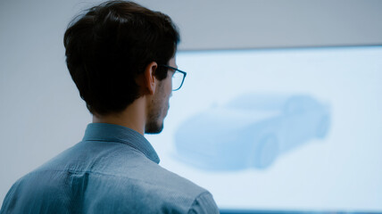 Poster - Man wearing glasses analyzing 3D car model on computer screen in modern office, focused and thoughtful mood