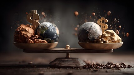 Poster - A scale balancing the symbols of global finances economic growth and the planet Earth representing the delicate balance between business wealth and sustainability on a worldwide scale