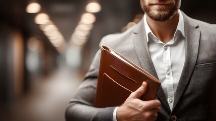 Poster - A well dressed businessman intently reading paperwork or files while standing in a corporate office setting suggesting a focused and productive work environment
