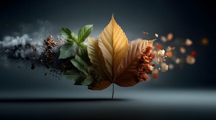 Poster - A striking and imaginative composition featuring a single vibrant autumn leaf set against a dark moody background creating a captivating surreal and visually intriguing scene